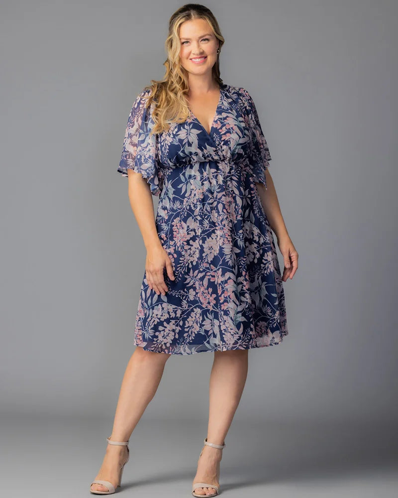 Navy Wisteria Blooms V-Neck Knee-Length Chiffon Casual Floral Wrap Plus Size Dress Kiyonna 12191302