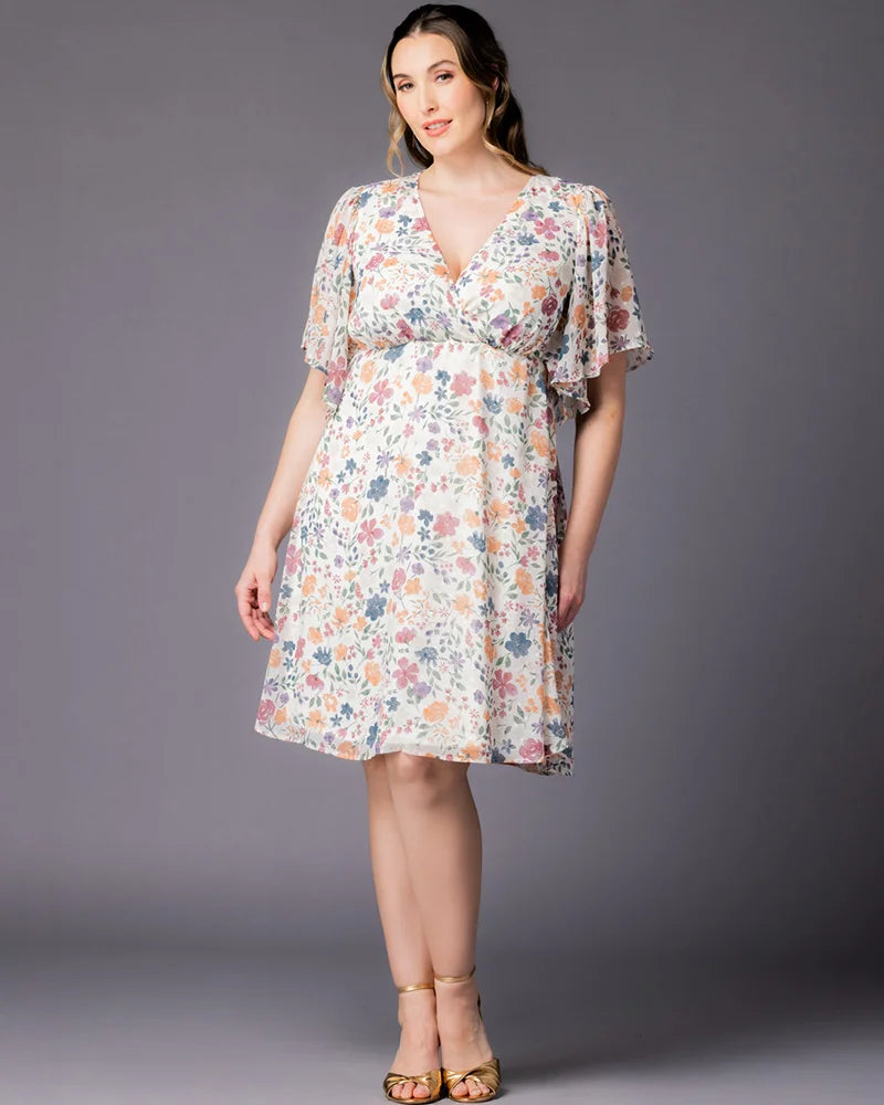 Pale Blossoms V-Neck Knee-Length Chiffon Casual Floral Wrap Plus Size Dress Kiyonna 12191302