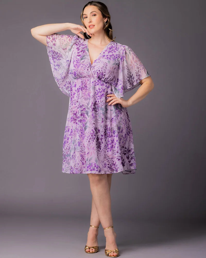 Wisteria Blooms V-Neck Knee-Length Chiffon Casual Floral Wrap Plus Size Dress Kiyonna 12191302