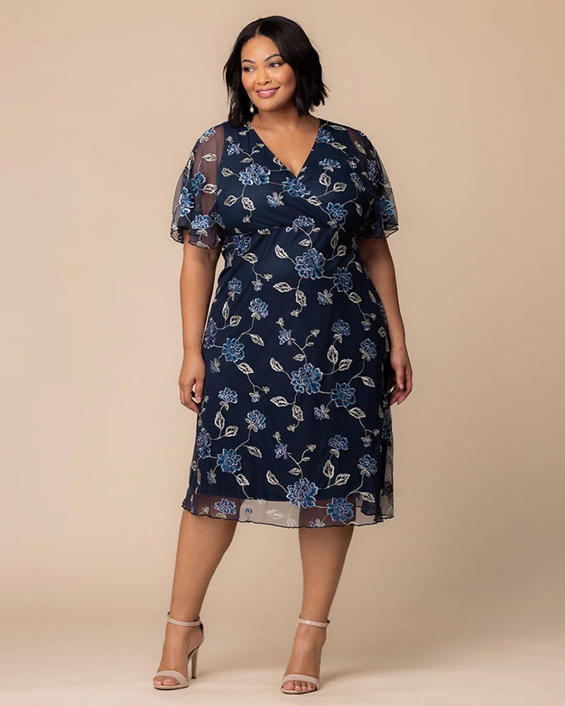 Plus Size Dresses Short Floral Midi Cocktail Plus Size Dress Kiyonna 12252103 Navy Blue Blooms