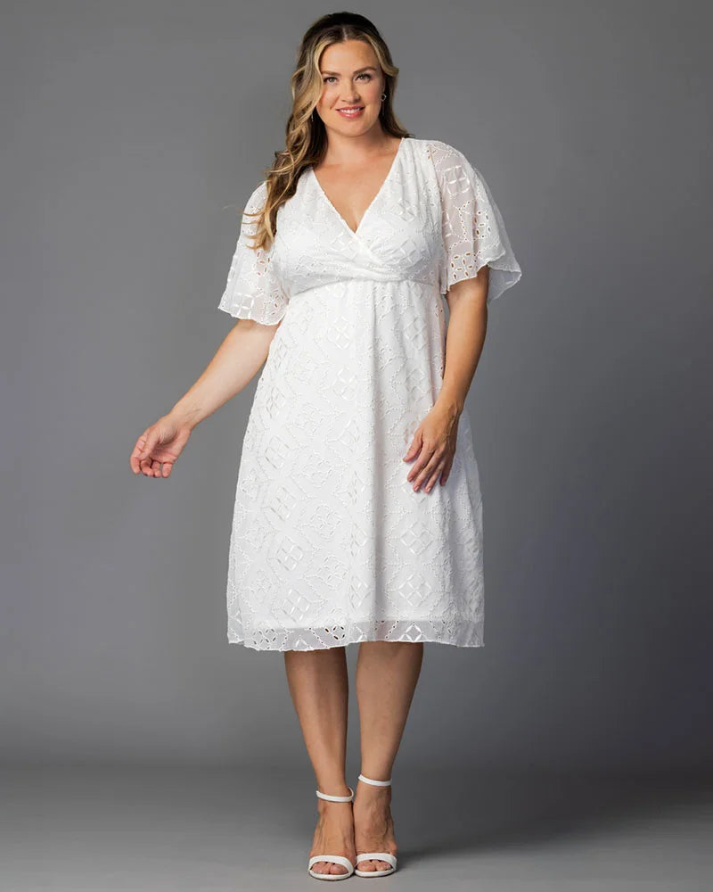 Ivory Eyelet V-Neck Knee-Length Eyelet Casual Dress Flutter Sleeve Plus Size Dress Kiyonna 12262105
