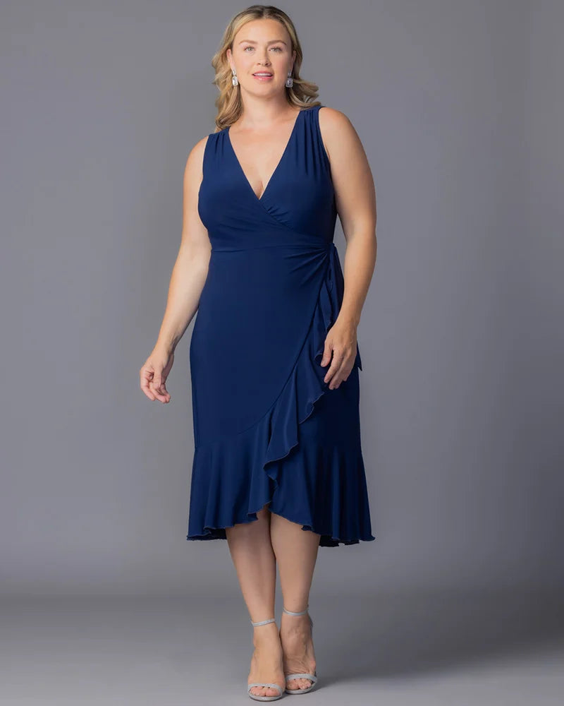 Nouveau Navy V-Neck Midi Jersey Cocktail Dress Ruffle Wrap Plus Size Dress Kiyonna 12262204