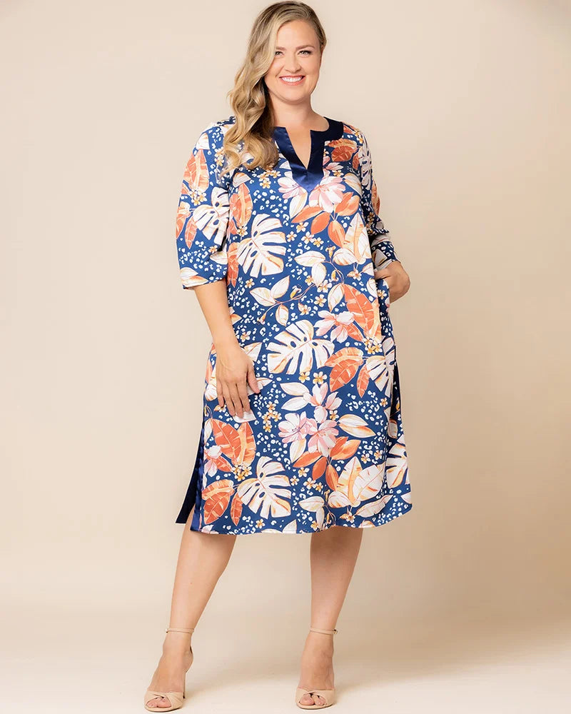Tropical Print V-Neck Midi Floral Casual Dress Plus Size Shift Dress with Pockets Kiyonna 12262501