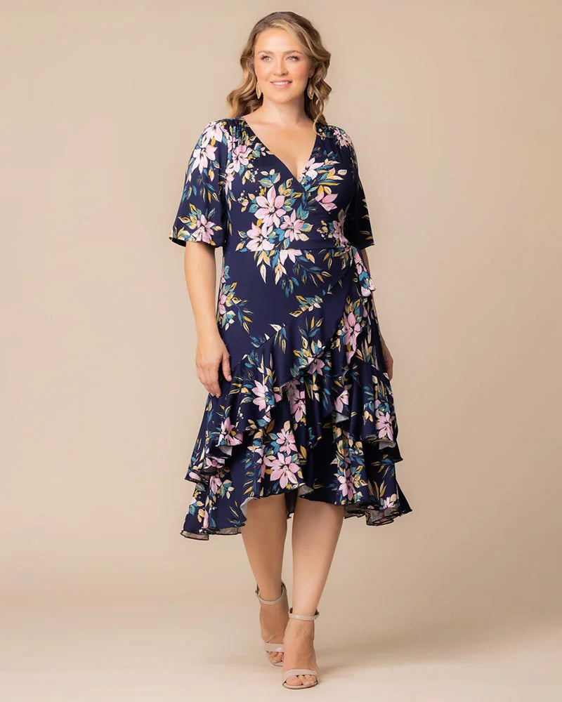 Plus Size Dresses Midi Ruffle Short Cocktail Plus Size Dress Kiyona 13212202 Navy Romantic Florals