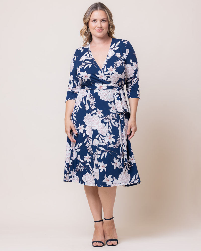 Plus Size Dresses Short Fitted Print Midi Cocktail Dress Navy Lily Peony Print