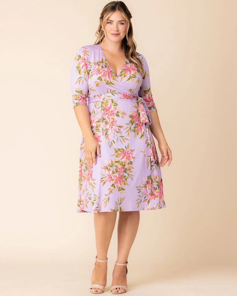 Plus Size Dresses Short Fitted Print Midi Cocktail Dress Lilac Romantic Florals