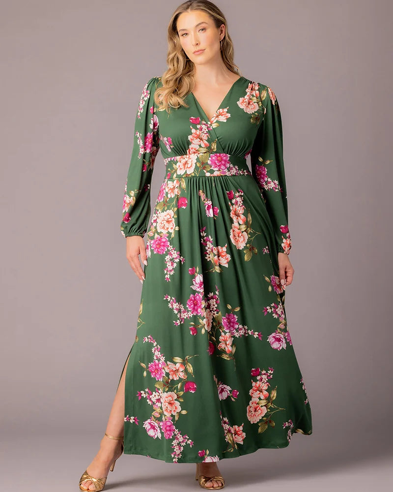 Plus Size Dresses Long Sleeve Tea Length Short Cocktail Dress Green Floral Print