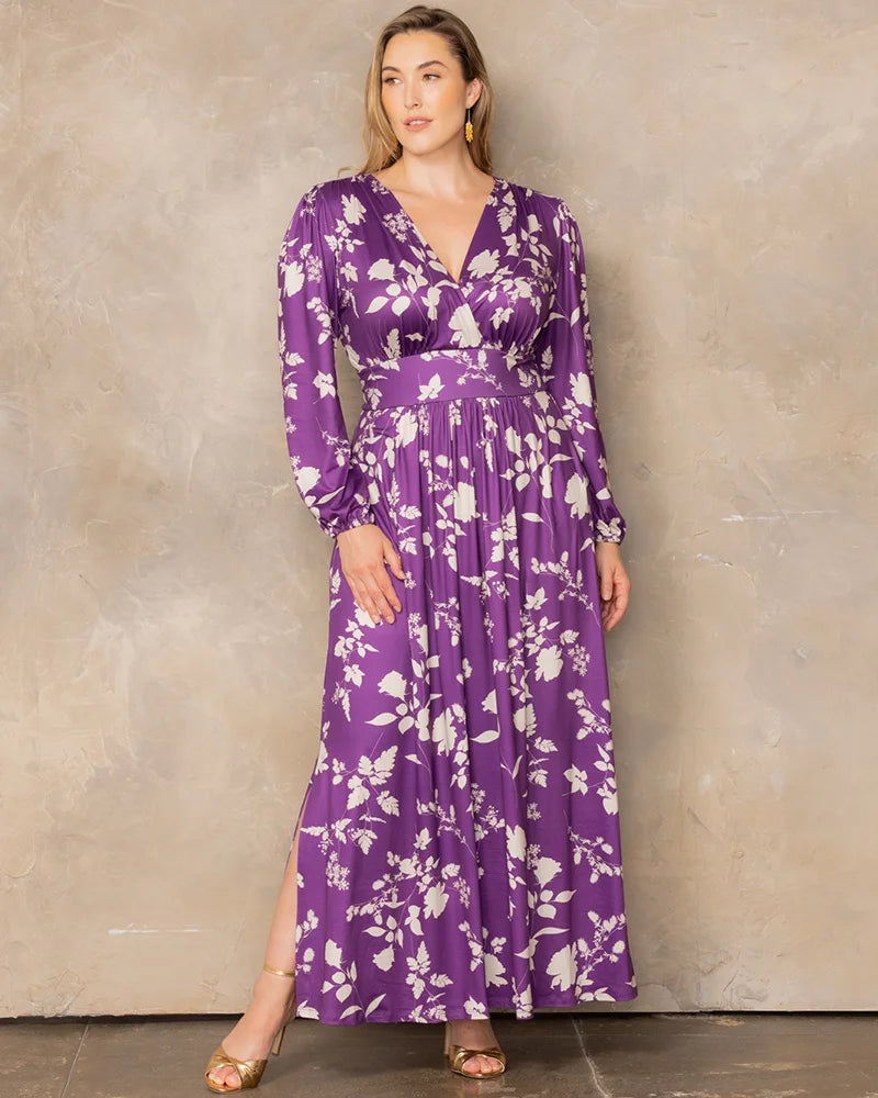 Plus Size Dresses Long Sleeve Tea Length Short Cocktail Dress Purple Blooms