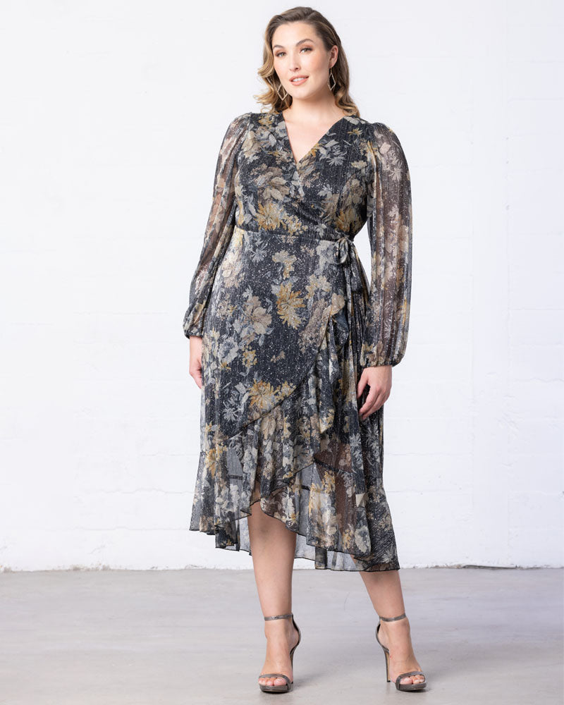 Kiyonna Womens Plus Size Clara Sparkling Long Sleeve Wrap Dress