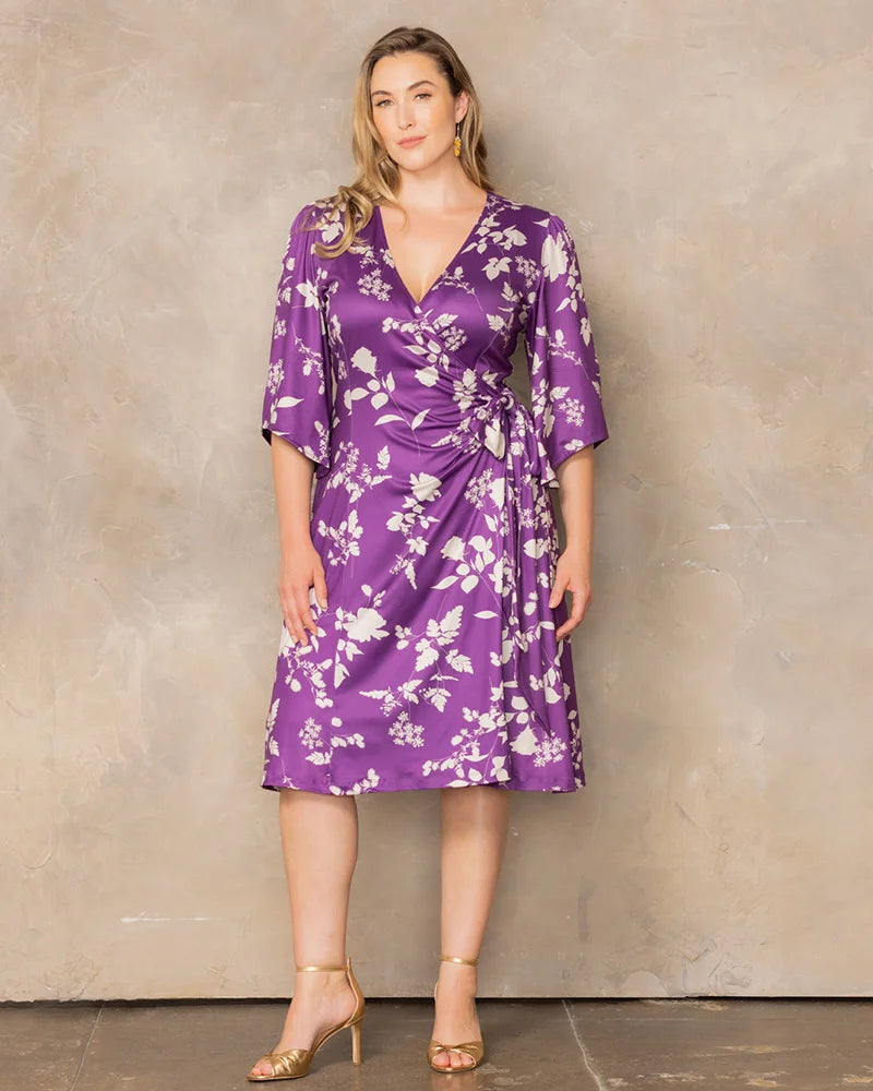 kiyonna dresses Kiyonna Women's Plus Size Gemini Wrap Dress with Contrast Lined Sleeves, Blue, 4X