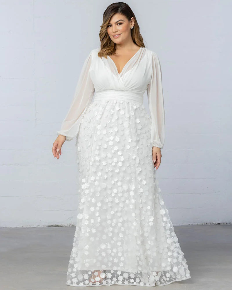 Wedding Dresses Long Sleeve 3D Floral A Line Plus Size Wedding Dress Kiyonna 19233607 Ivory Blossoms