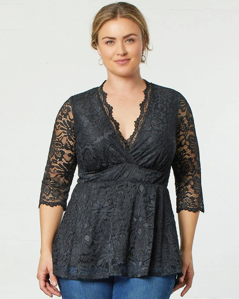 V-Neck 3/4 Sleeve Lace Fit & Flare Plus Size Top Kiyonna KY21120905