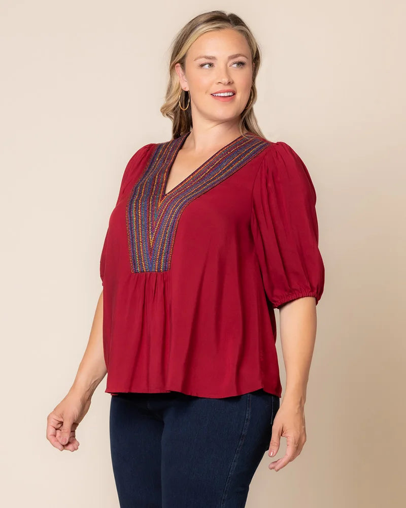 Crimson Red V-Neck Half Sleeve Woven Casual Blouse Embroidered Plus Size Top Kiyonna 22262702