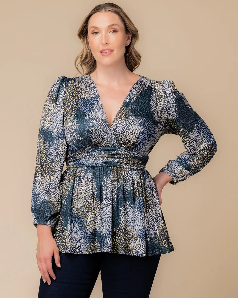 Top Long Sleeve Formal Top Blue Impressionist Print