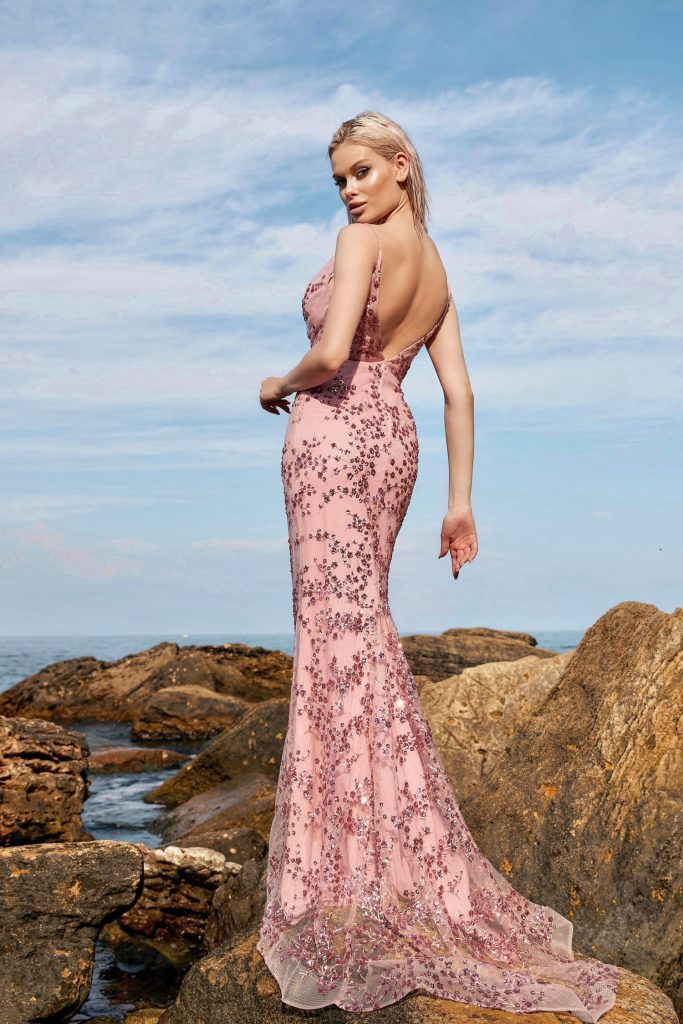 V-Neck Floor-Length Beaded Mesh Formal Mermaid Gown - Tina Holly TYTW049