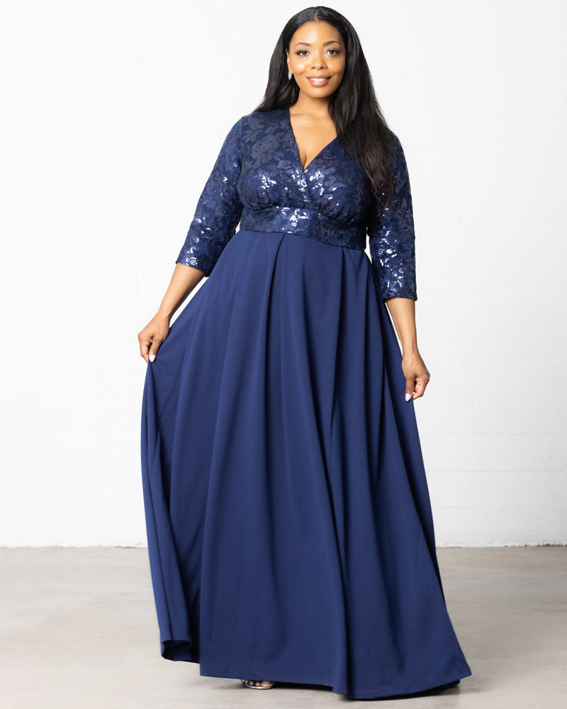 Plus Size Dresses Sequin Pleated Long Formal Plus Size Dress Kiyona 14190901 Nocturnal Navy