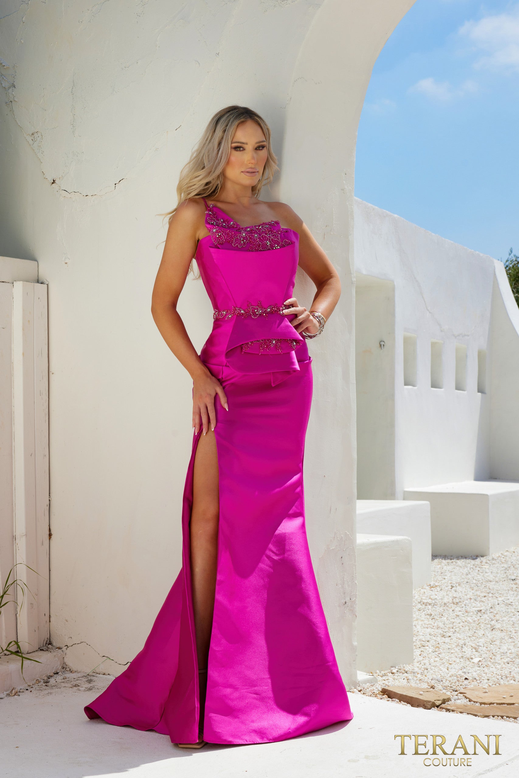 Terani Couture Mikado One Shoulder Bead Detailed Evening Gown 2011E2103 - The Dress Outlet Fuchsia