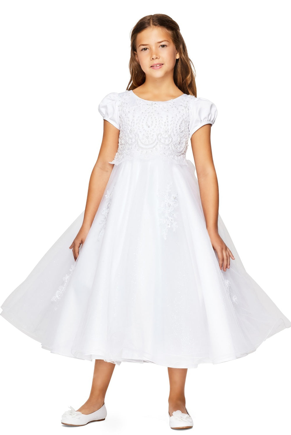 Flower Girl Dresses Beaded Lace Applique Flower Girl Tea Length Dress White