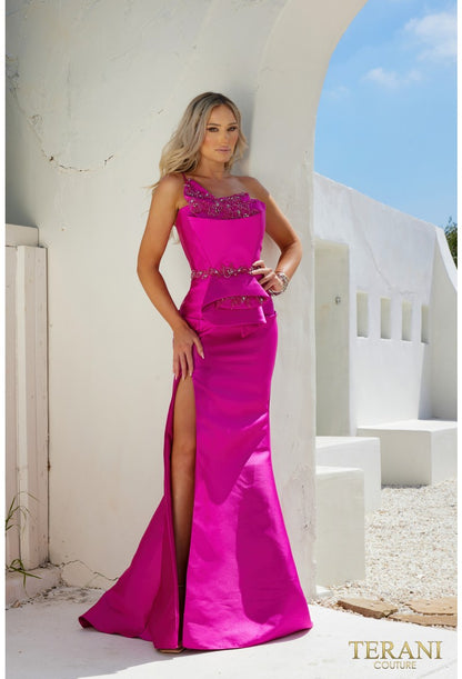 Terani Couture Mikado One Shoulder Bead Detailed Evening Gown 2011E2103 - The Dress Outlet Fuchsia