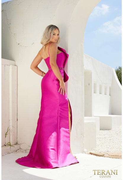 Terani Couture Mikado One Shoulder Bead Detailed Evening Gown 2011E2103 - The Dress Outlet Fuchsia