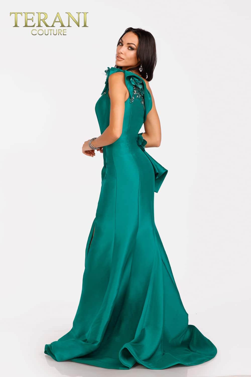 Terani Couture One Shoulder Long Evening Gown 2011E2427 - The Dress Outlet Emerald