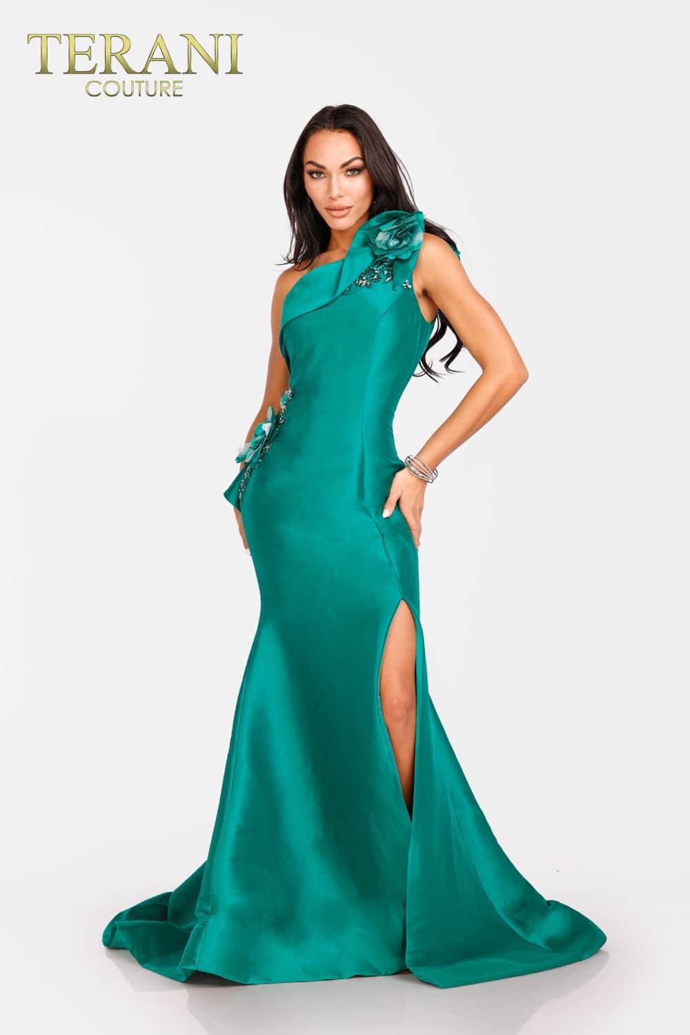 Terani Couture One Shoulder Long Evening Gown 2011E2427 - The Dress Outlet Emerald