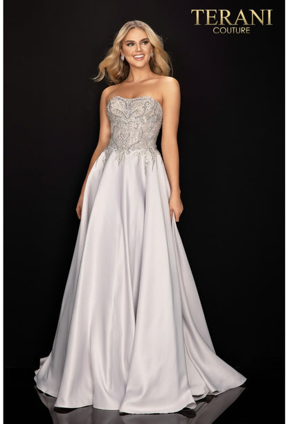Terani Couture Long Strapless Prom Dress 2011P1197 - The Dress Outlet Silver Ivory