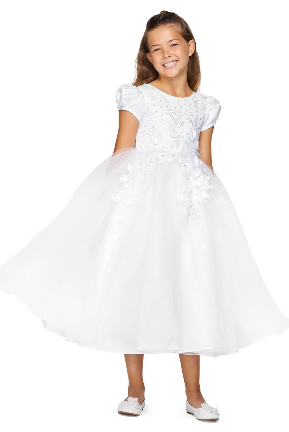 White Jewel Neck Tea Length Satin Flower Girl Dress with Beaded Lace Cinderella Couture 2013