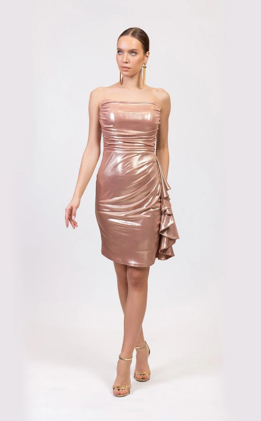 Cocktail Dresses Fitted Short Metallic Cocktail Mini Dress Rose Gold