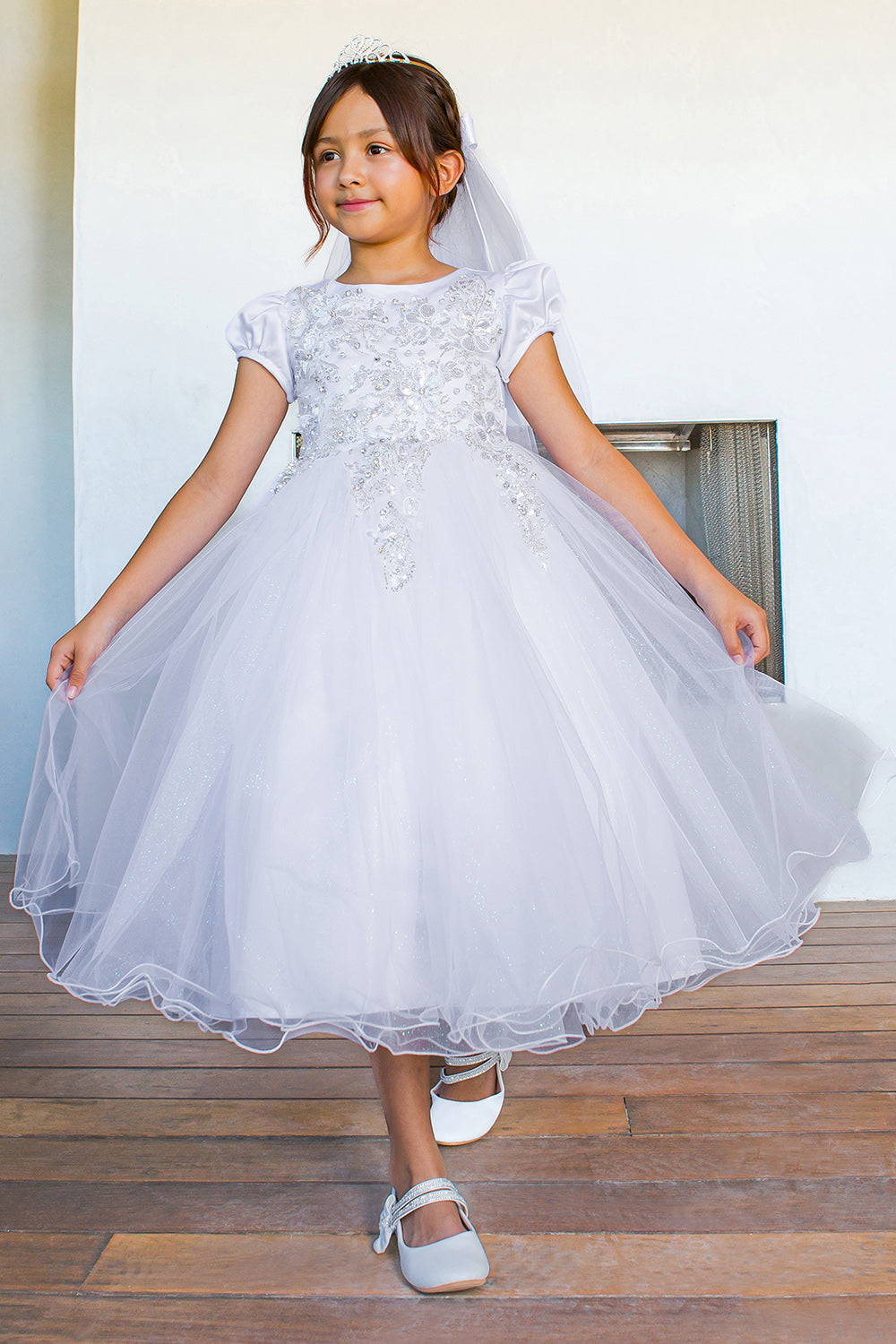 Girls White Satin 3D Flower Lace Adorned T-Length Communion Dress 6-16 from Cinderella Couture at Sophia's Style 10