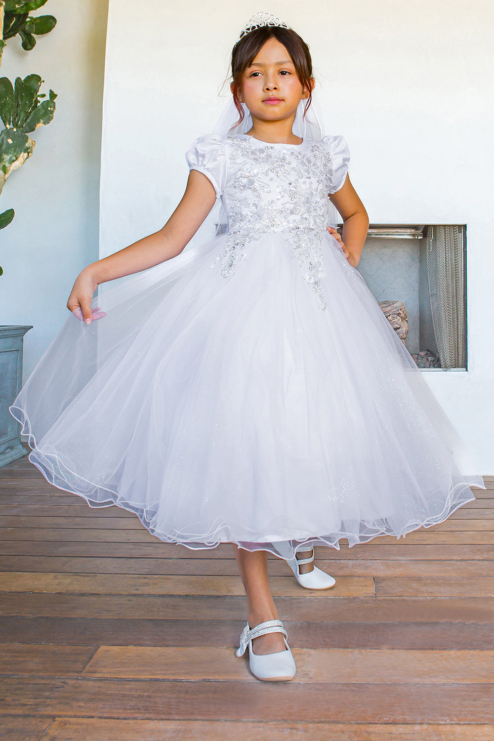 Flower Girl Dresses Beaded Lace Applique Tea Length Flower Girl Dress White