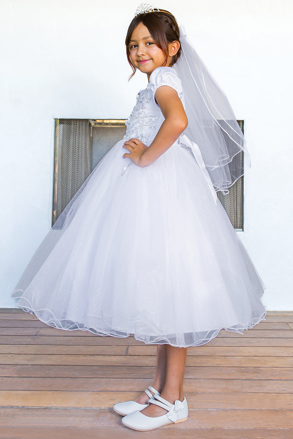 Flower Girl Dresses Beaded Lace Applique Tea Length Flower Girl Dress White