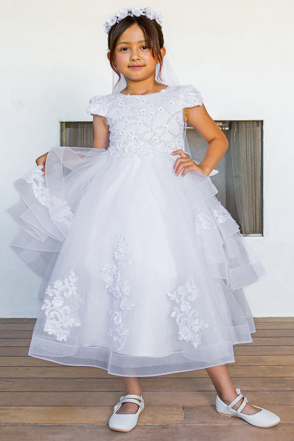 Girls White Bead 3D Flower Lace Crystal Tulle Communion Dress 6-16 from Cinderella Couture at Sophia's Style 14