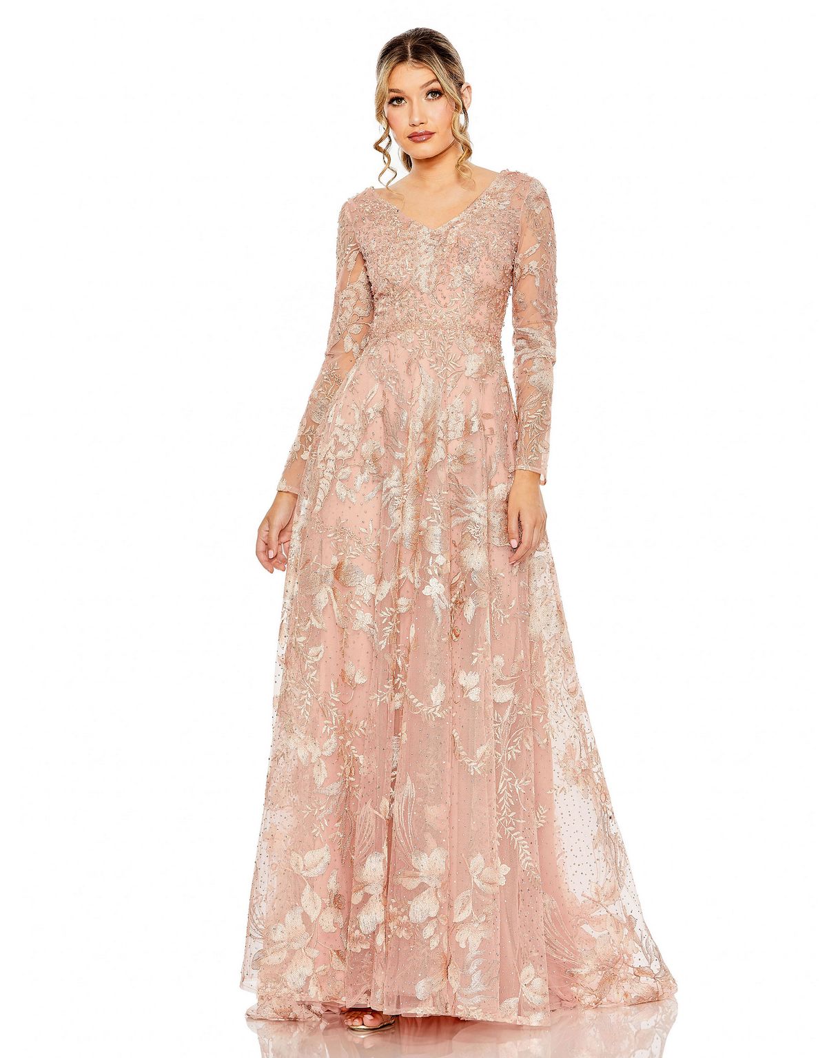 MAC DUGGAL エンベリッシュ 半袖 レース ロングドレス ２色 Lサイズあり【IRMA/イルマ】デザイン刺繍/ ノースリーブ/ バイ