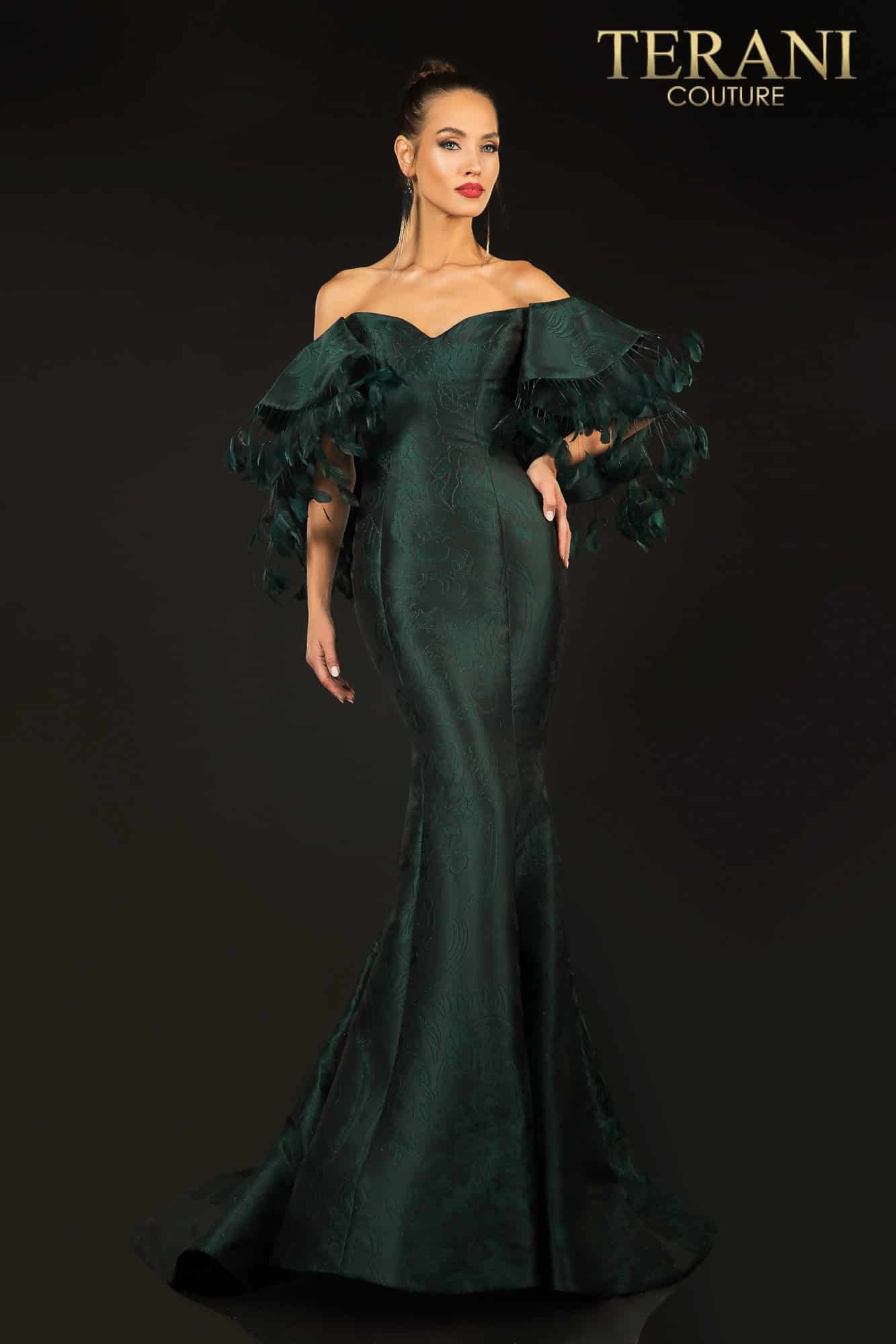 Terani Couture Off Shoulder Feather Trim Evening Gown 2021E2796 - The Dress Outlet