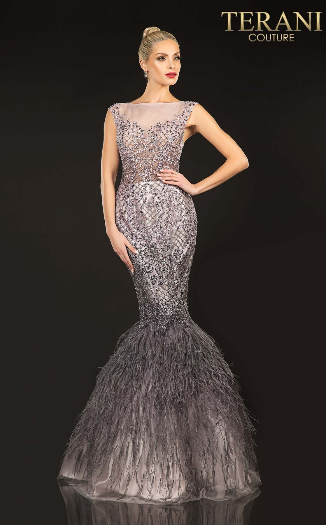 Prom Dresses Long Beaded Formal Prom Feather Mermaid Dress Blush Mauve