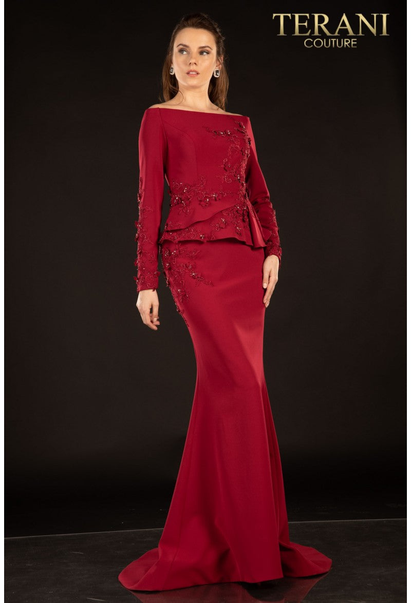 Terani Couture Mother Of The Bride Long Dress 2021M2988 - The Dress Outlet Wine