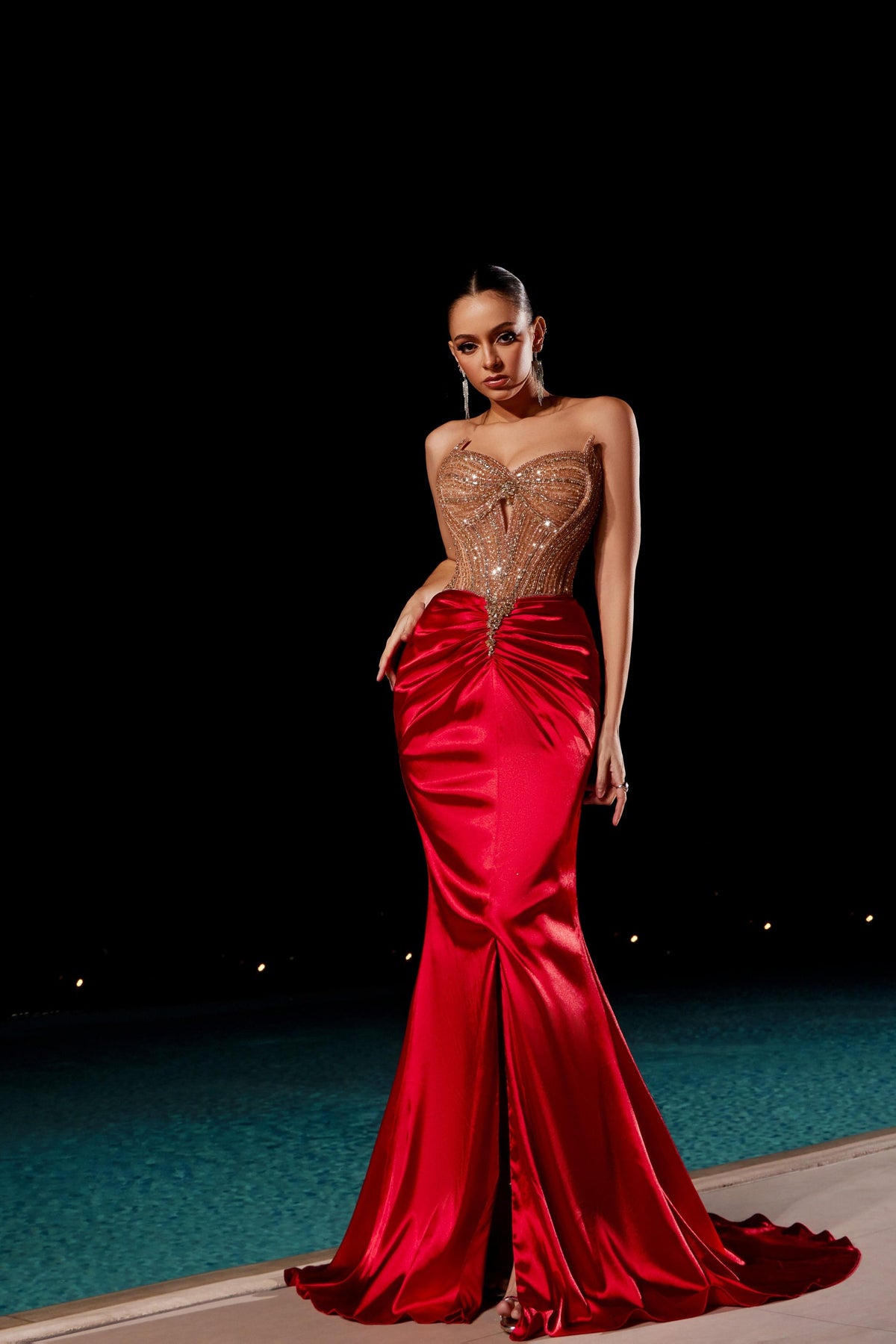 Strapless Curved Neck Floor-Length Satin Prom Mermaid Pre Order