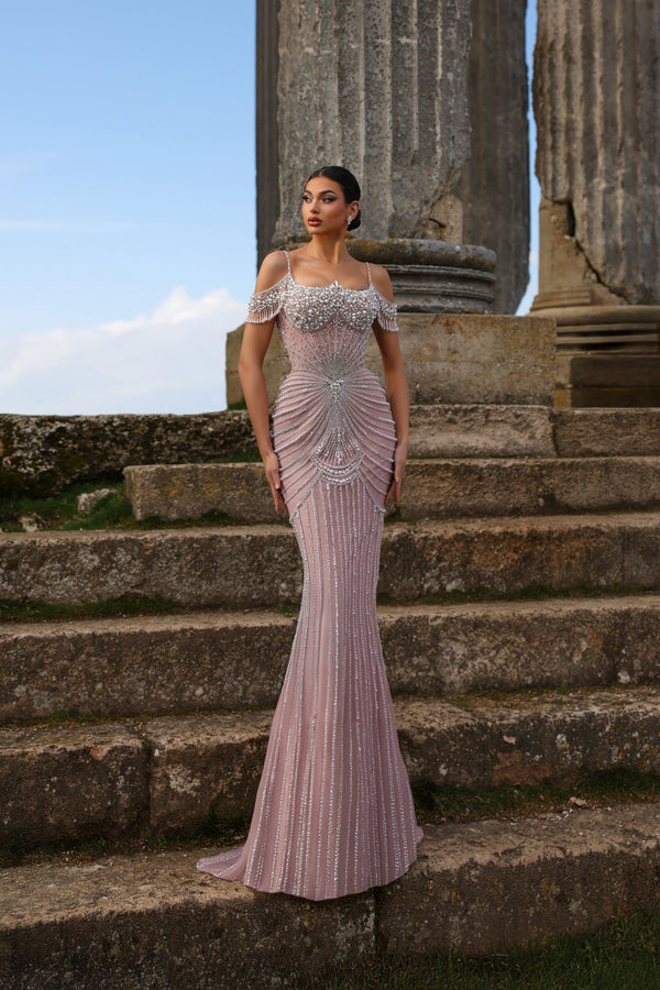 Cold-Shoulder Floor-Length Tulle Formal Trumpet Gown