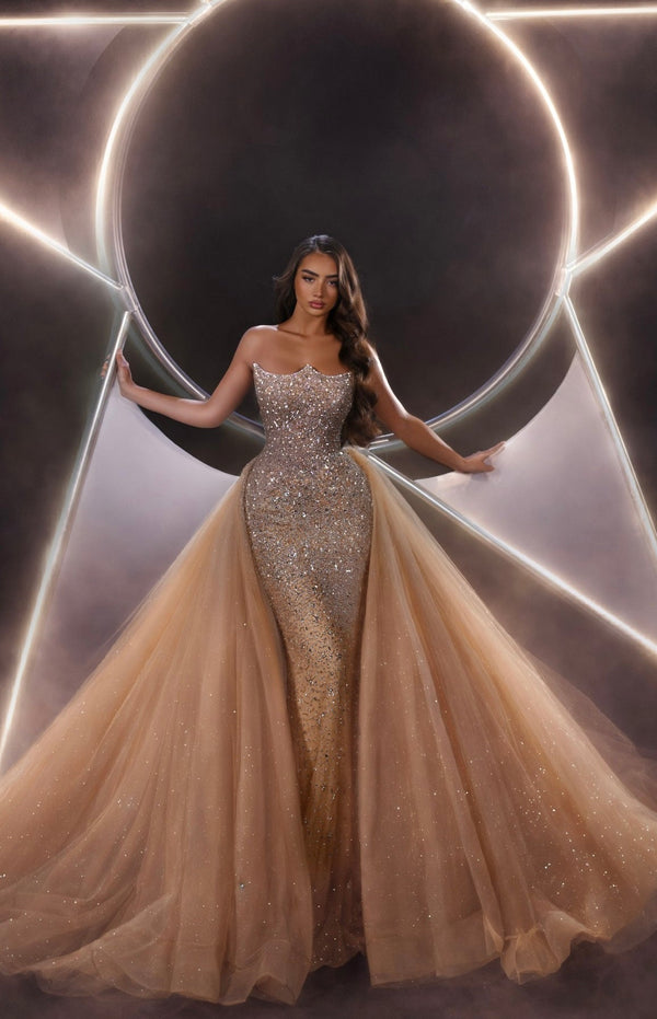 Strapless Curved Neck Floor-Length Sequin Prom Overskirt Dress