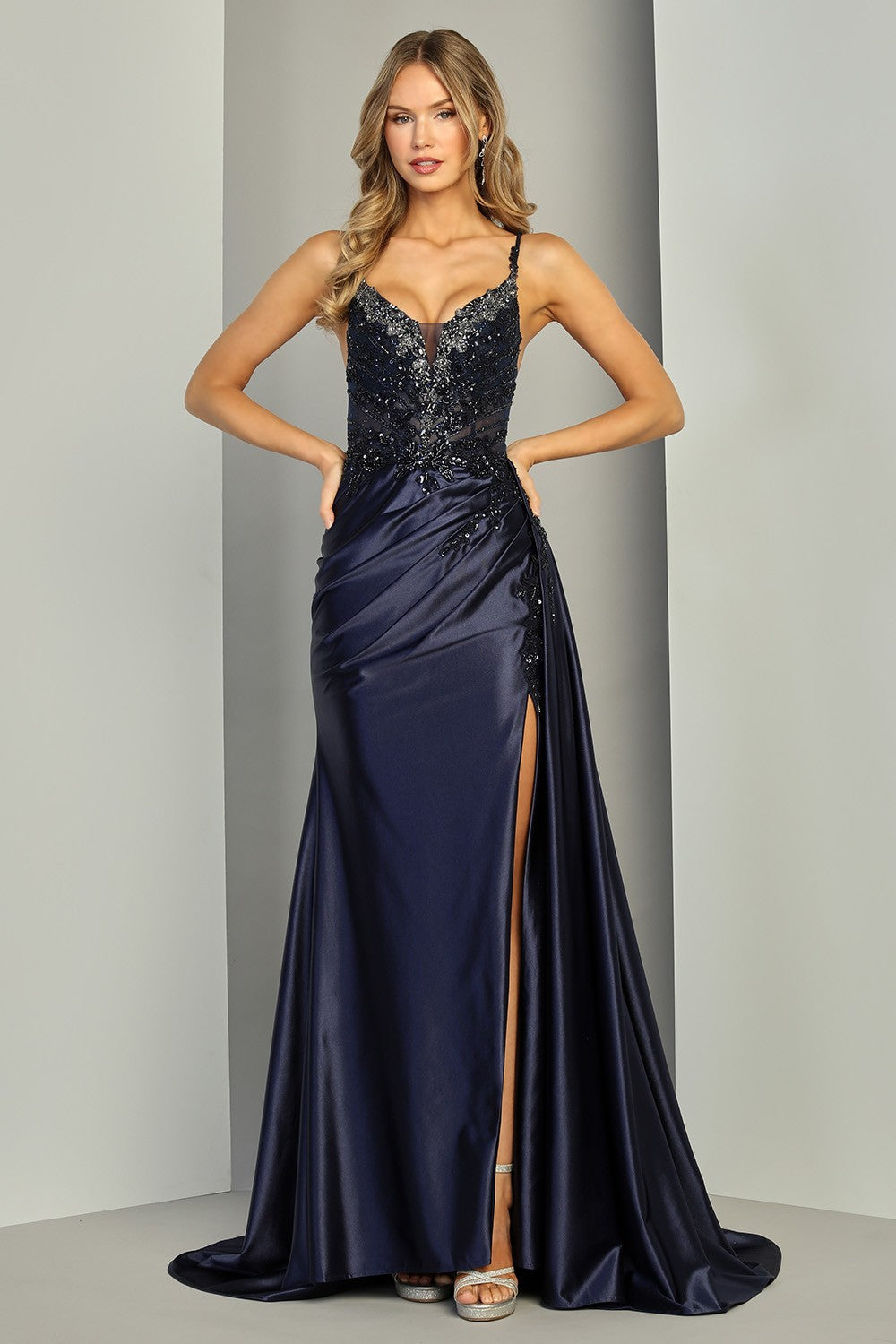 V-Neck Floor-Length Satin Formal Sheath/Column Adora Design 3409
