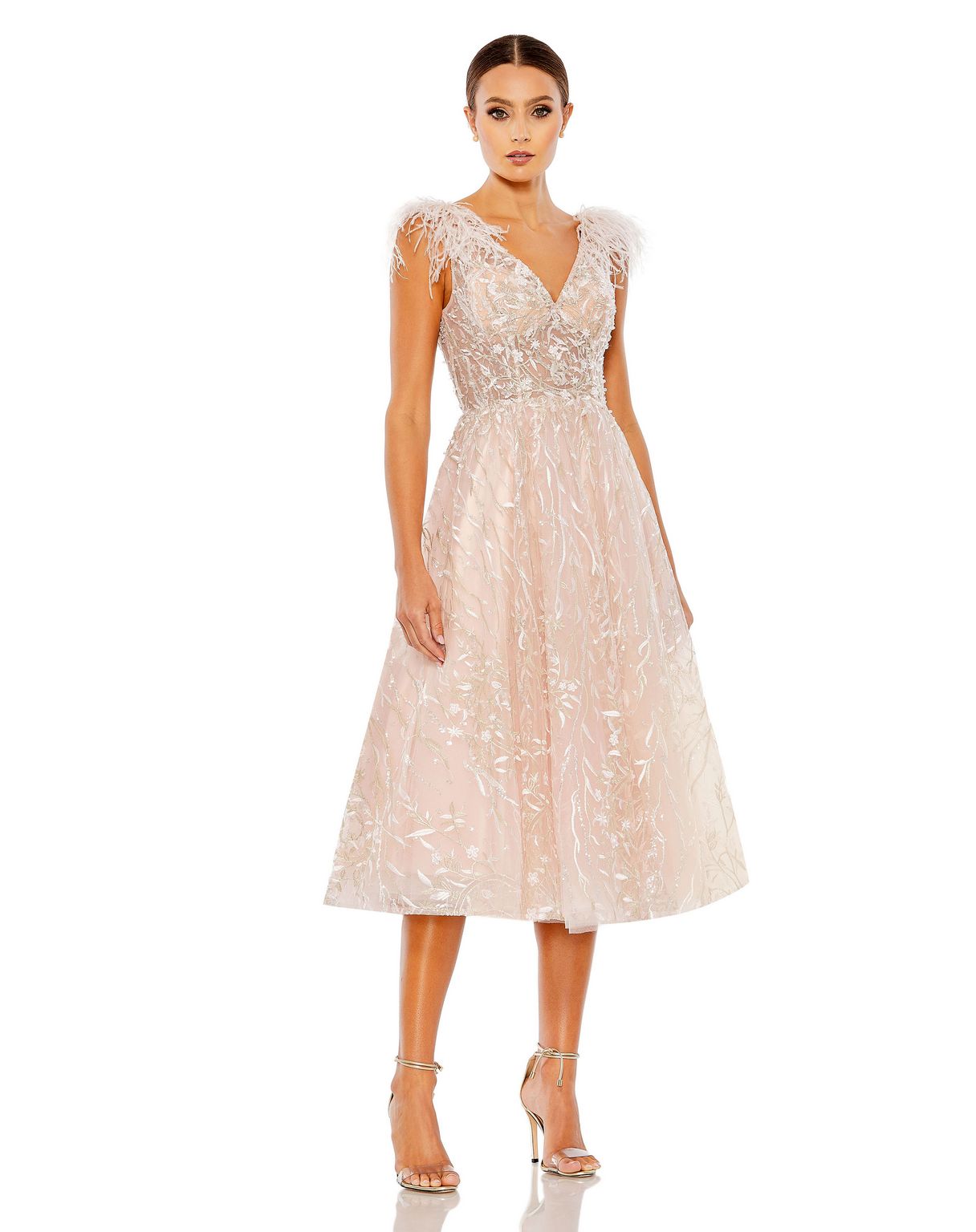 Mac Duggal 20275 Sequin Feather Detail Midi Cocktail Dress