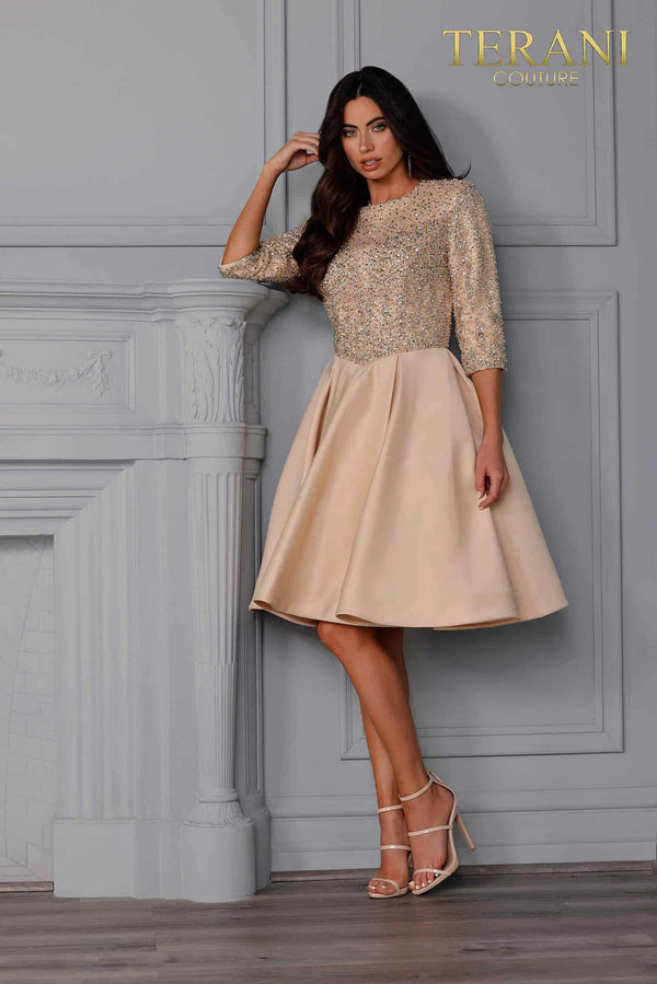 High-Neck Knee-Length Satin Cocktail A-Line Terani Couture 2027H3388