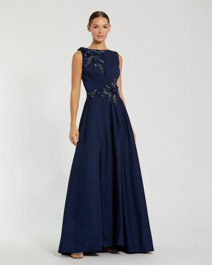 Mac Duggal - Navy Floral Applique Sleeveless A Line Gown - US 10 Mac Duggal - Navy Floral Applique Sleeveless A Line Gown - US 10