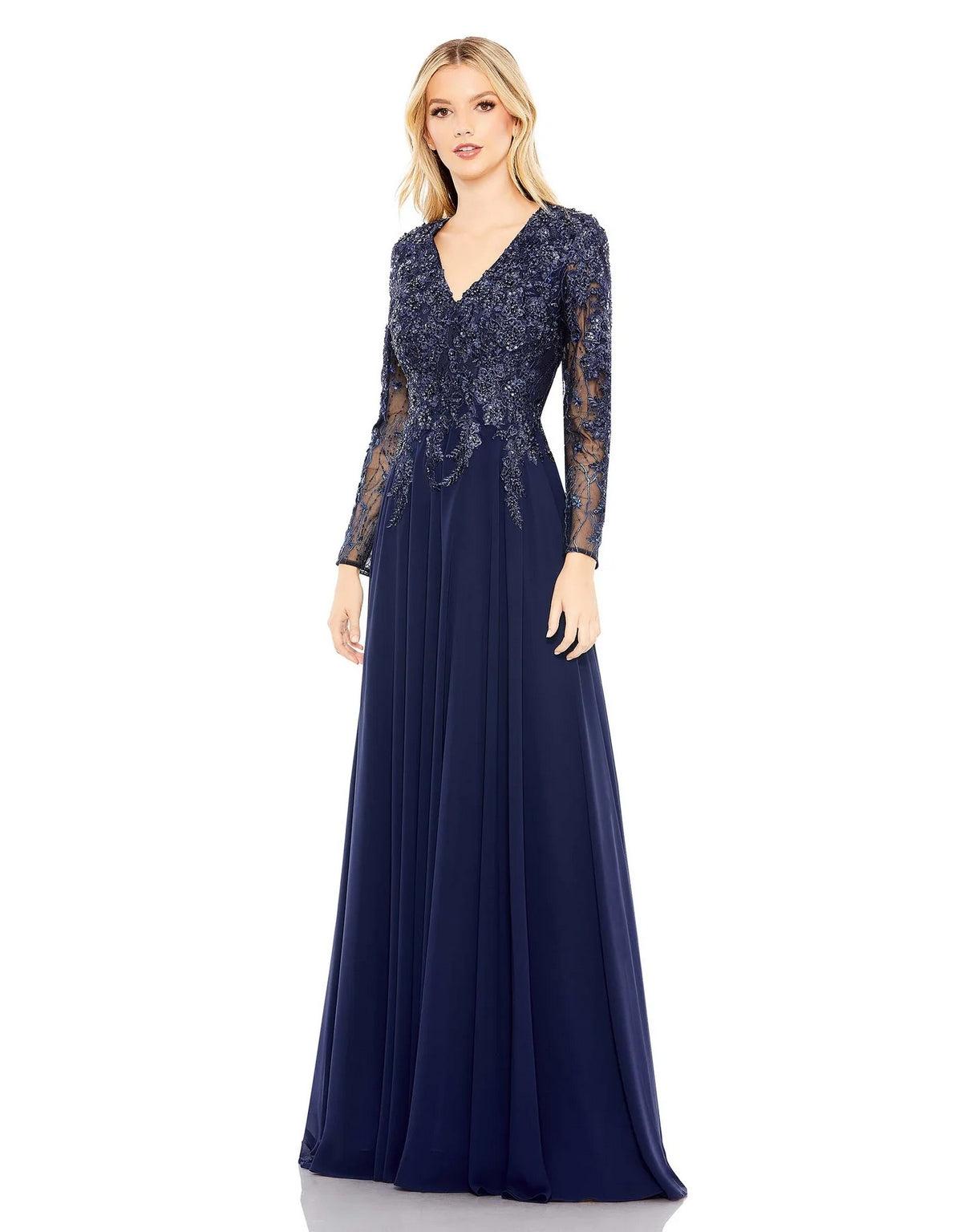 Navy Mac Duggal 20388 Formal Long Sleeve Evening Gown for $698.0 – The