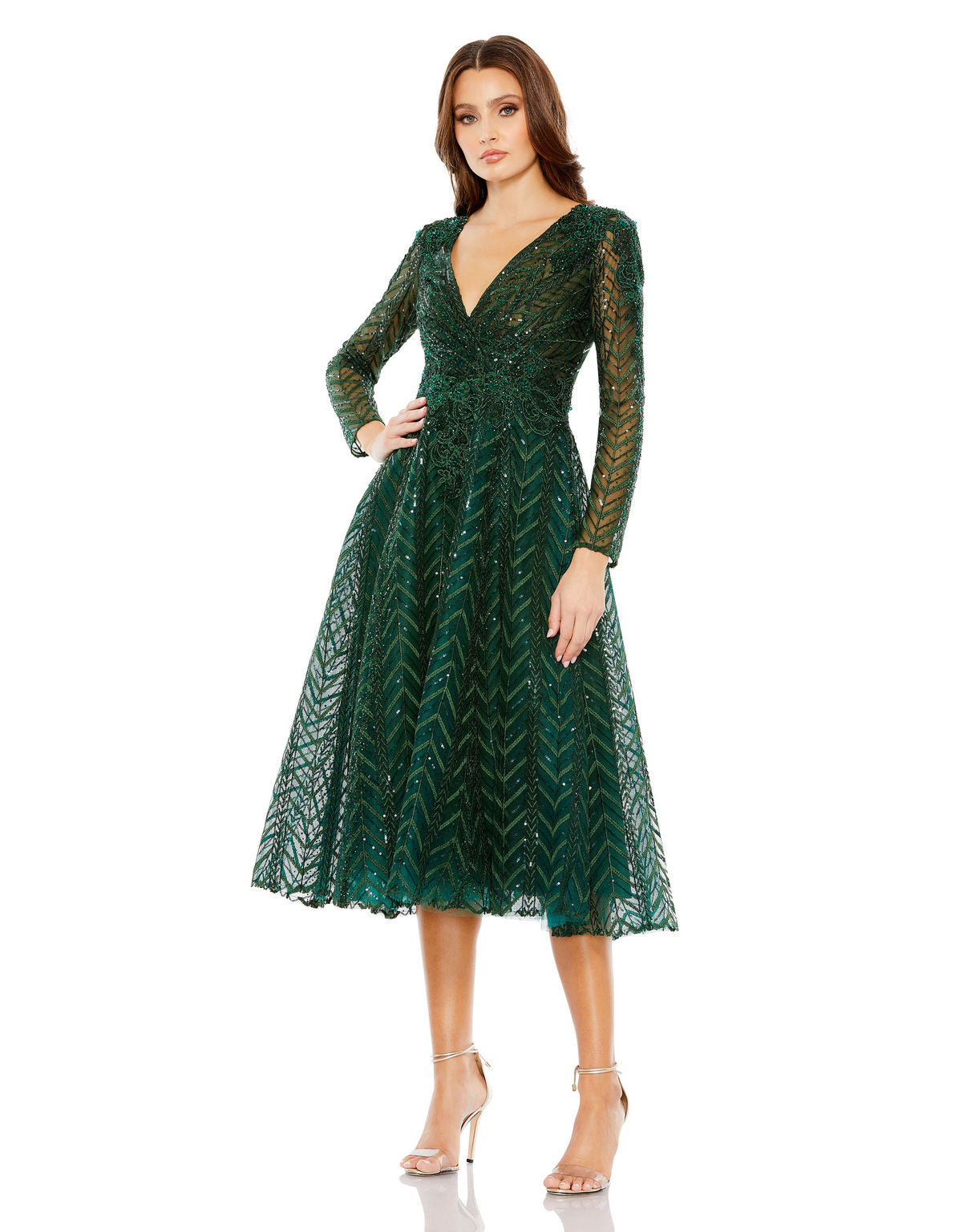 Taupe Mac Duggal 20399 Short Beaded Long Sleeve Cocktail Midi Dress