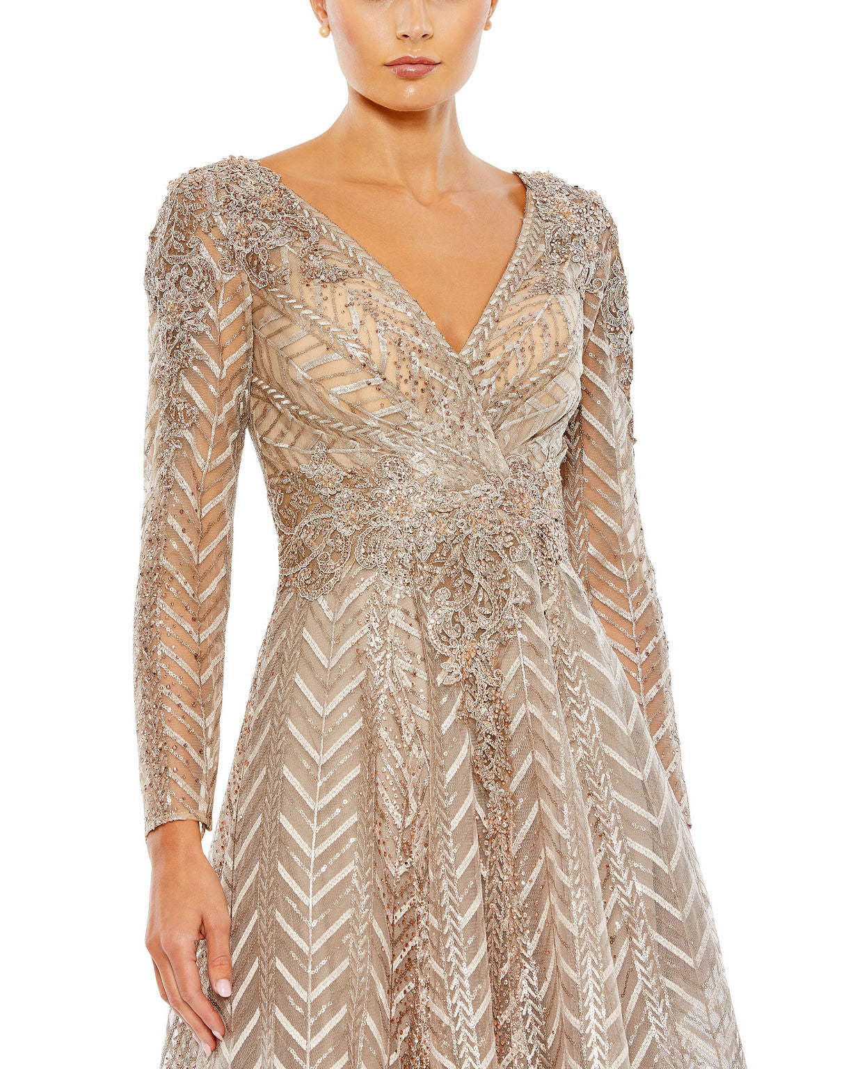 Mac Duggal 20399 Short Beaded Long Sleeve Cocktail Midi Dress