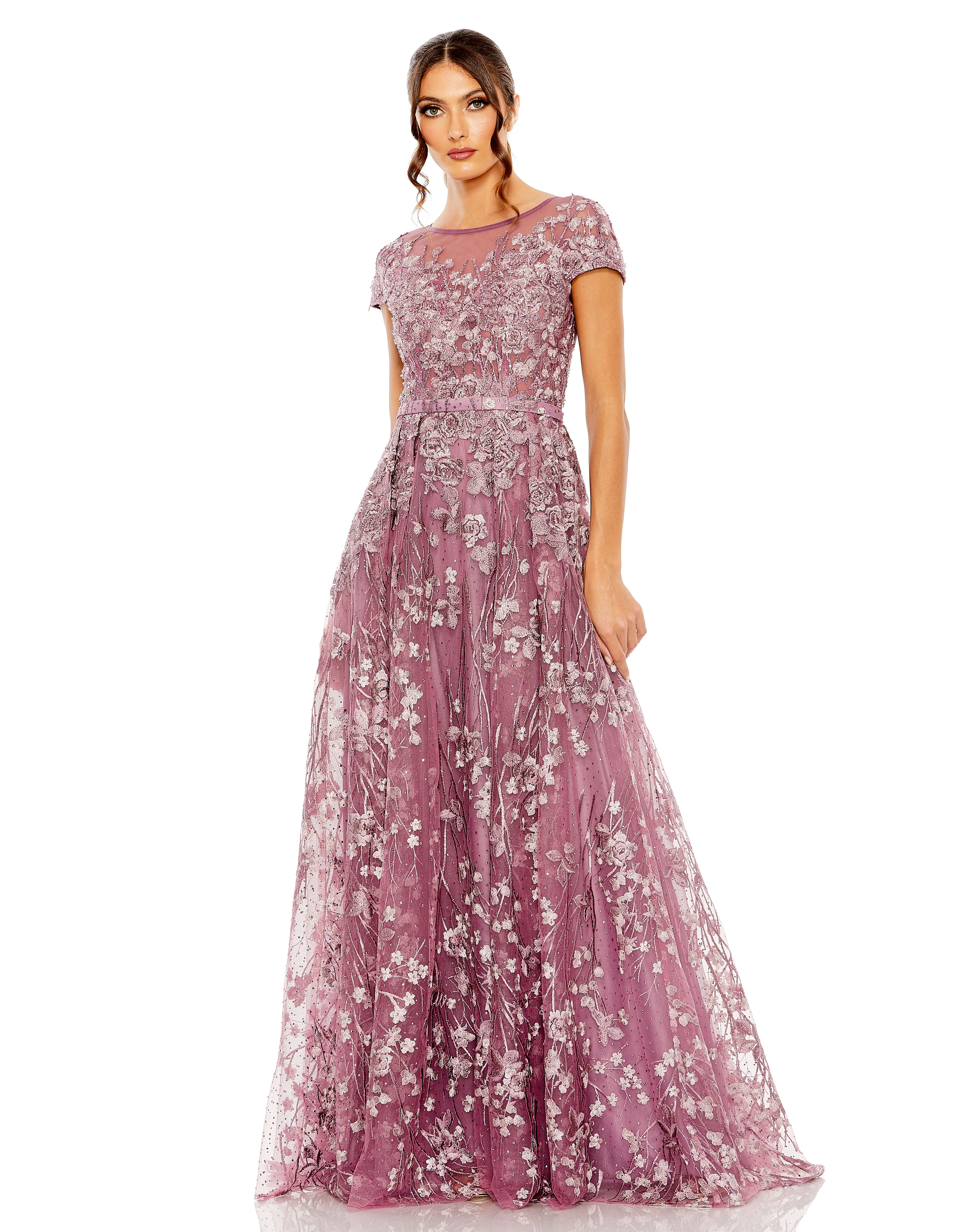 Mac Duggal - Black Embellished Floral Cap Sleeve A Line Gown - US 12 Mac Duggal - Black Embellished Floral Cap Sleeve A Line Gown - US 12