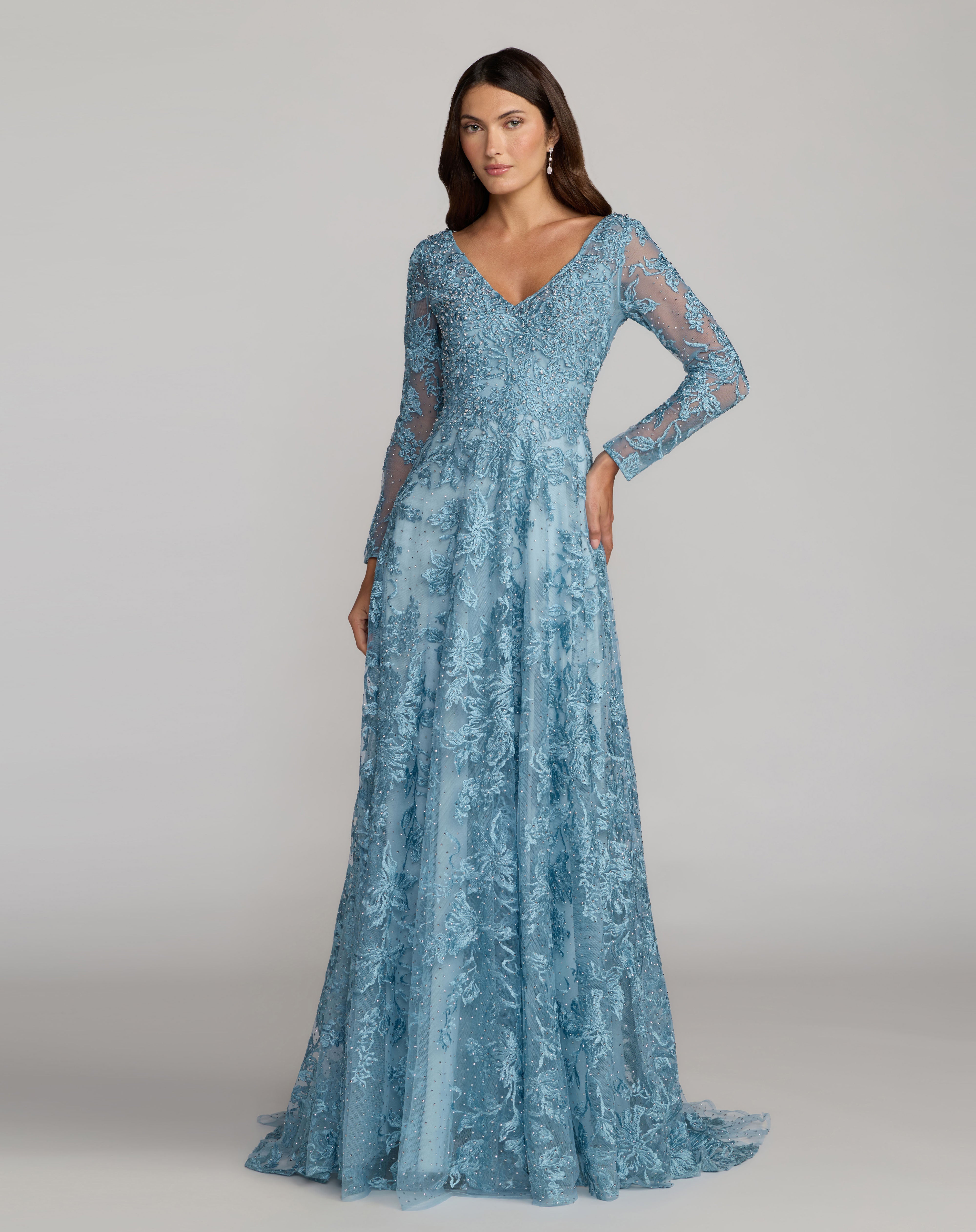 Mac Duggal Women's Embellished Illusion Long Sleeve V Neck Gown - Blue - Size 10