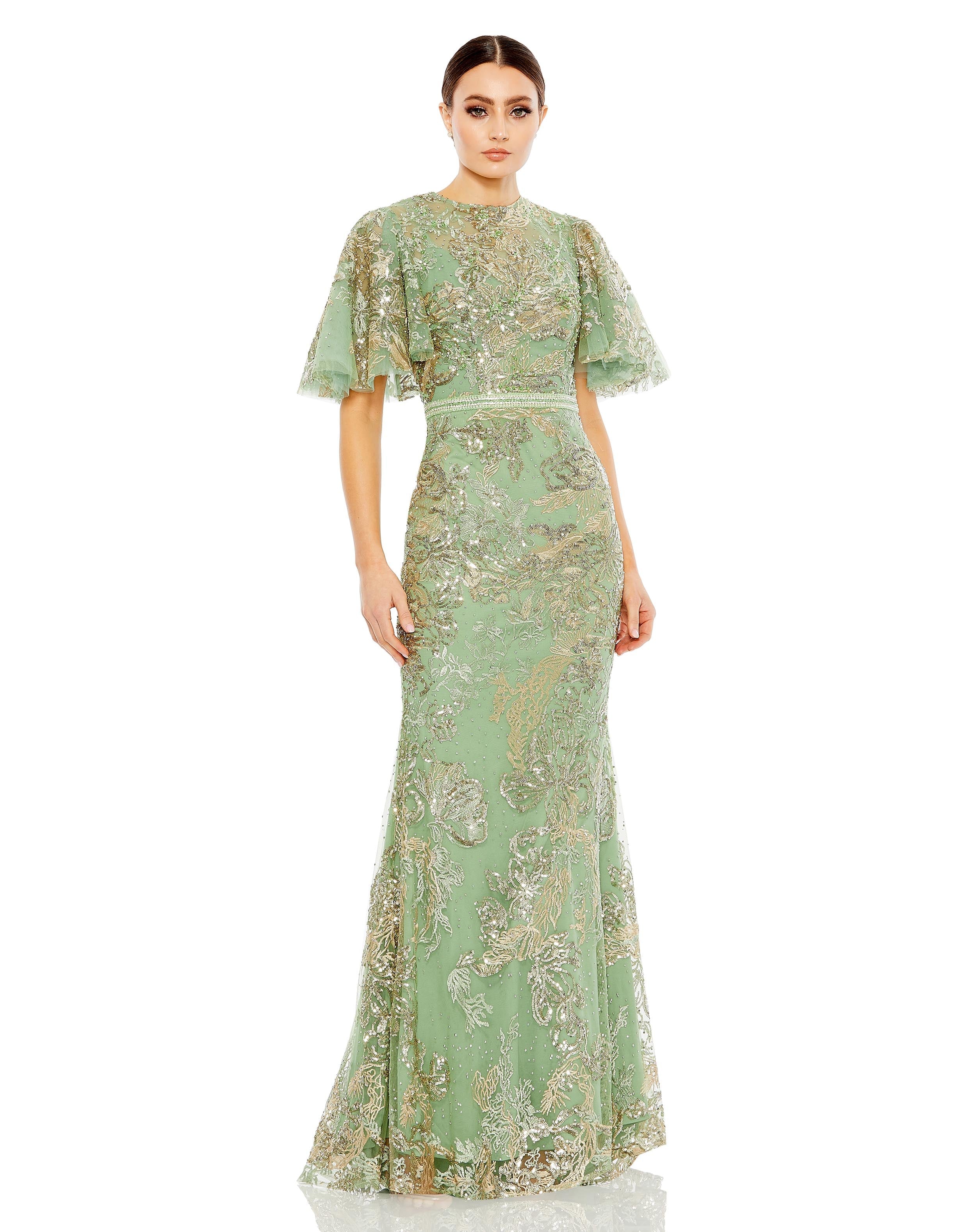 Mac Duggal Embellished Flutter-sleeve High-neck Gown - Black Mac Duggal Embellished Flutter-sleeve High-neck Gown - Black